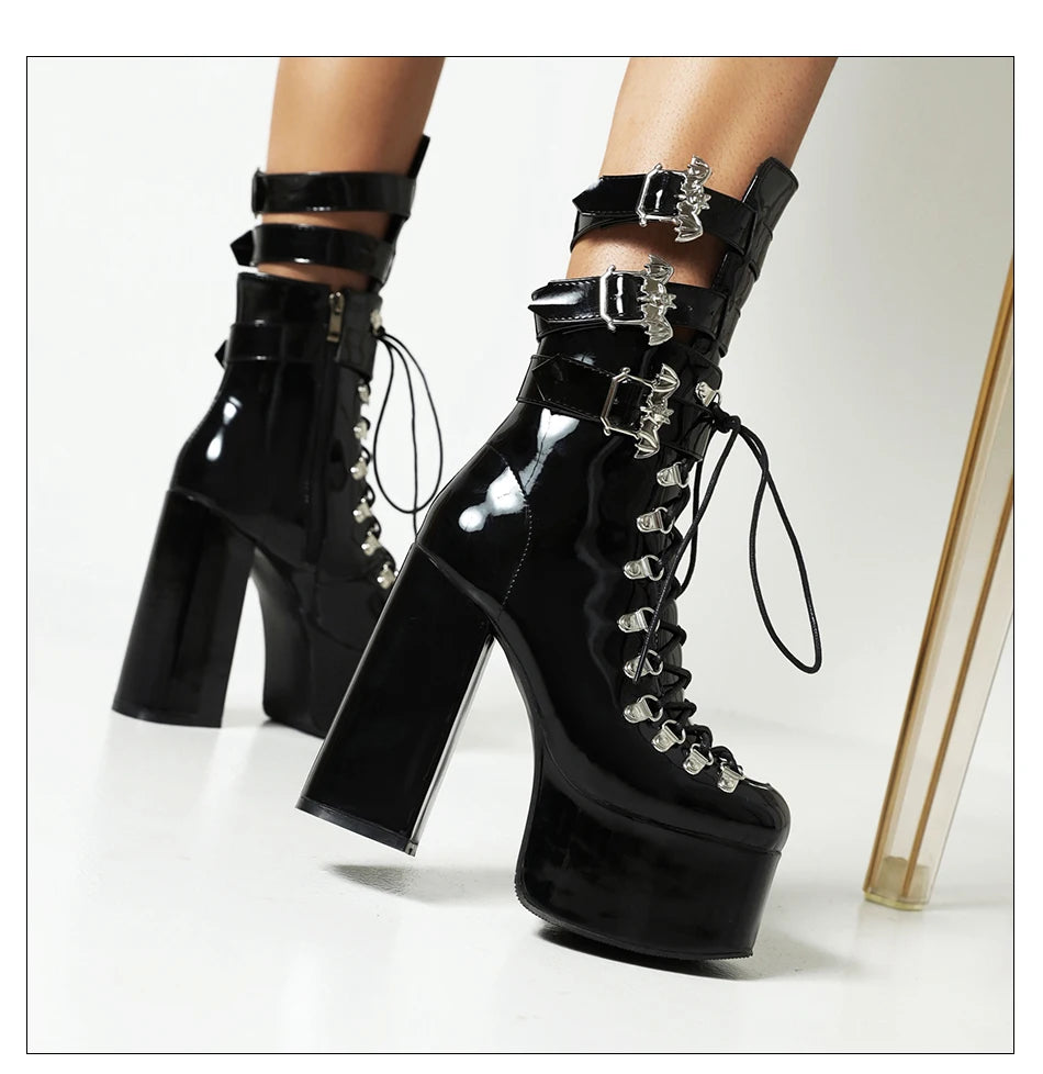 Gdgydh Gothic Style Black Platform Boots Bat Wings Sexy Clube Night Modern Boots Women Mid Calf Ankel Buckle Strap Plus Size 46