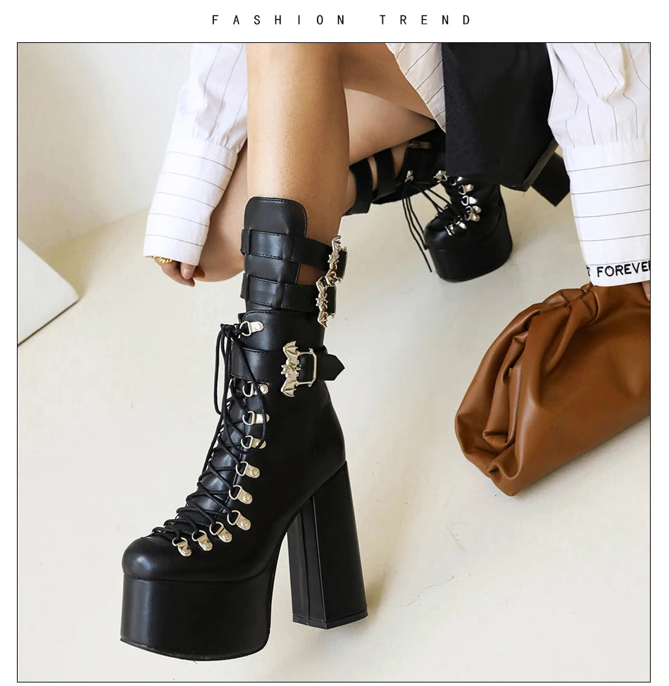 Gdgydh Gothic Style Black Platform Boots Bat Wings Sexy Clube Night Modern Boots Women Mid Calf Ankel Buckle Strap Plus Size 46