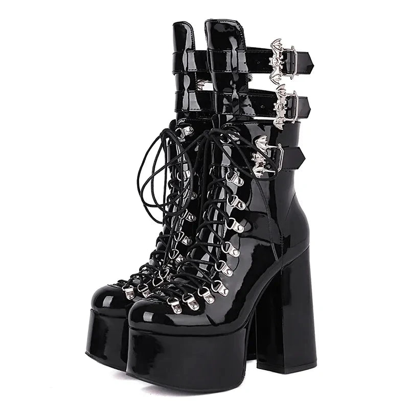 Gdgydh Gothic Style Black Platform Boots Bat Wings Sexy Clube Night Modern Boots Women Mid Calf Ankel Buckle Strap Plus Size 46