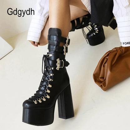 Gdgydh Gothic Style Black Platform Boots Bat Wings Sexy Clube Night Modern Boots Women Mid Calf Ankel Buckle Strap Plus Size 46