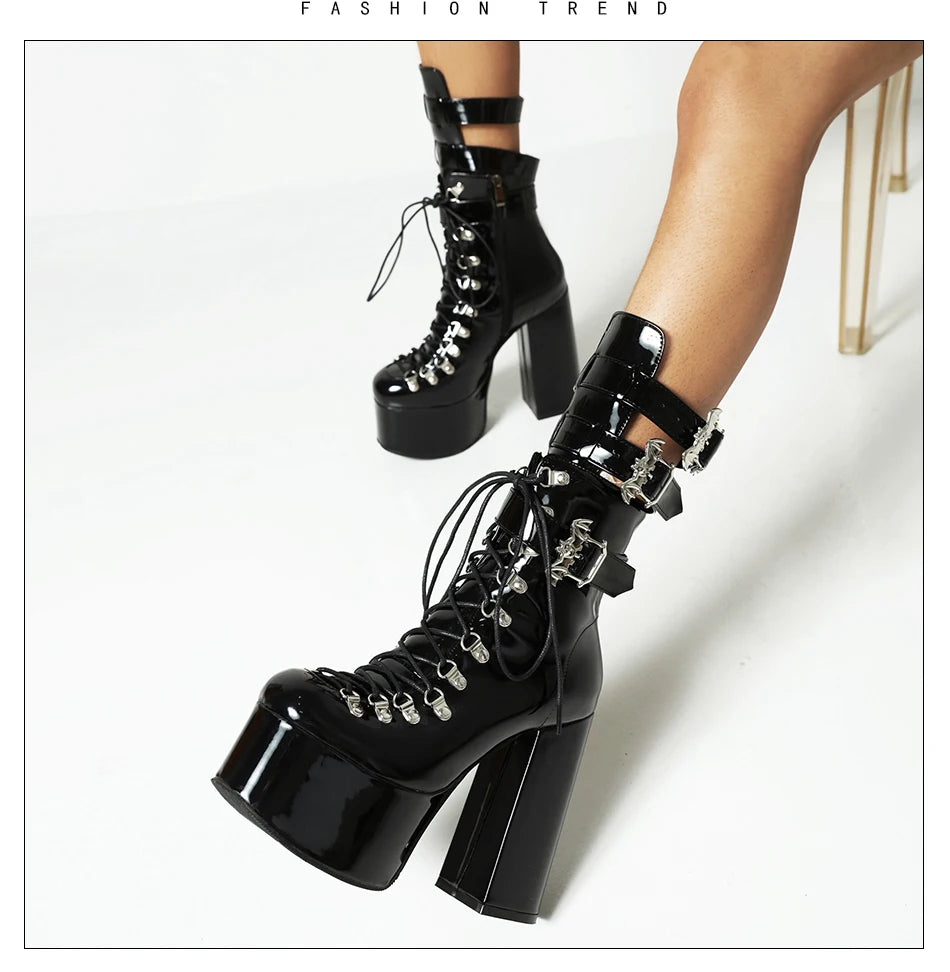 Gdgydh Gothic Style Black Platform Boots Bat Wings Sexy Clube Night Modern Boots Women Mid Calf Ankel Buckle Strap Plus Size 46