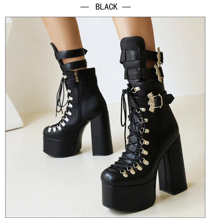 Gdgydh Gothic Style Black Platform Boots Bat Wings Sexy Clube Night Modern Boots Women Mid Calf Ankel Buckle Strap Plus Size 46