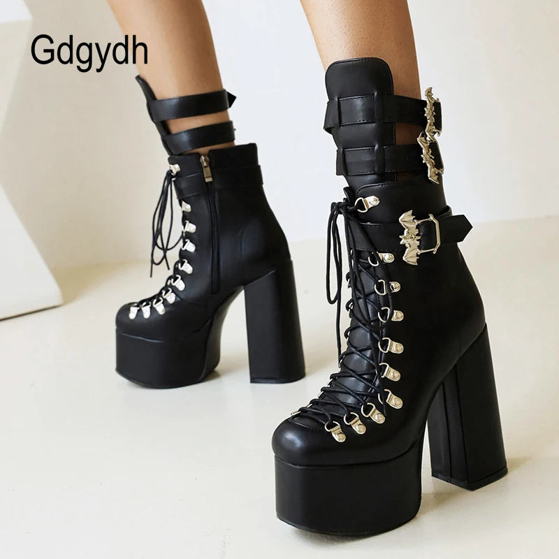 Gdgydh Gothic Style Black Platform Boots Bat Wings Sexy Clube Night Modern Boots Women Mid Calf Ankel Buckle Strap Plus Size 46