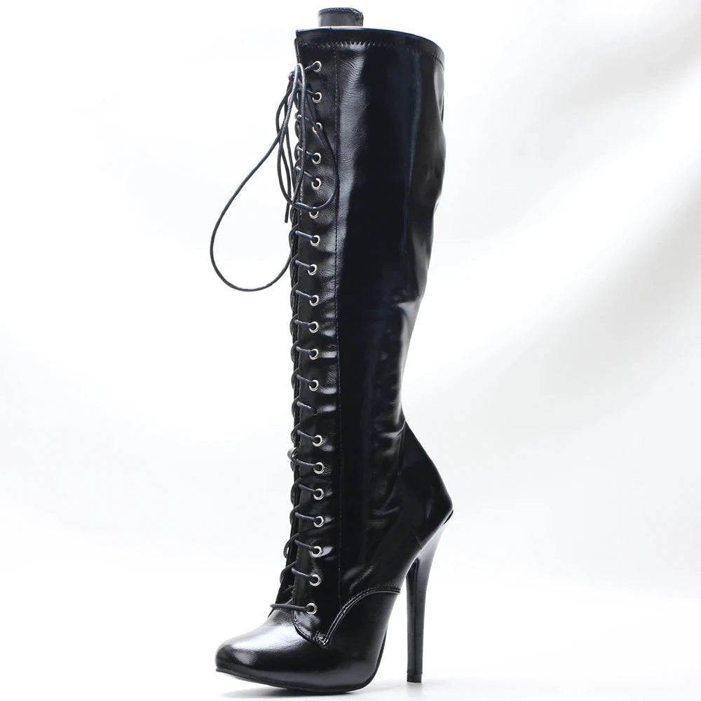 5 Inch Sexy Fetish Stiletto Heel Vintage Boots Knee High Lace-up Shoes Size36-46 In Stock Fast Shipping