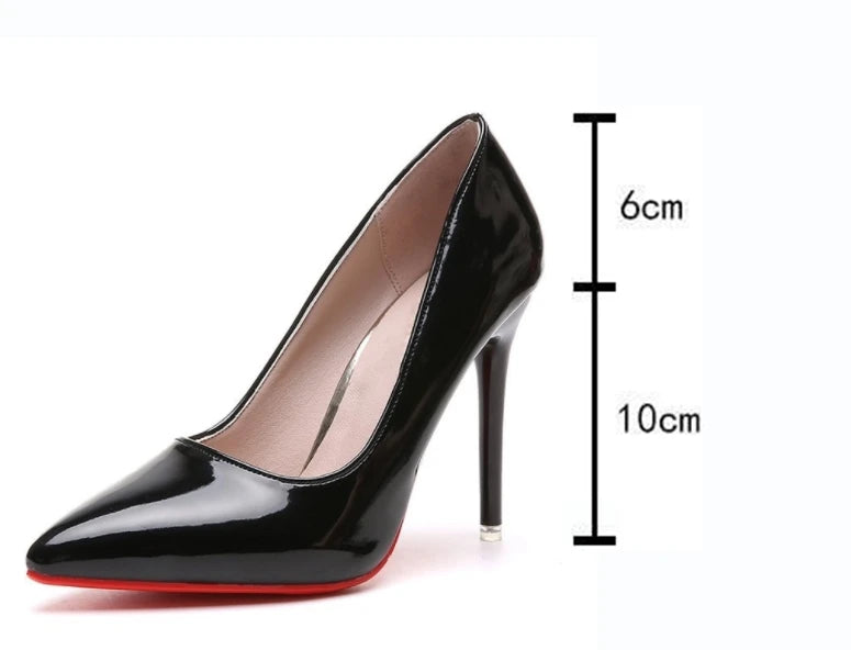 Sexy Black Bed High Heels For Women 10cm Stiletto Pointed Toe Nude Pumps Red Shinny Bottom Ladies Nightclub Prom Party Shoes  43